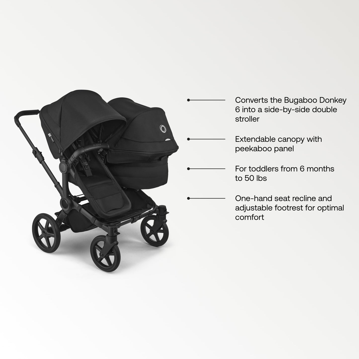 Bugaboo Donkey 6 Sibling Seat – Complete Second Seat Kit for Side-by-Side Double Stroller Conversion, Reversible & Reclining Toddler Seat with Sun Canopy – Moon Grey