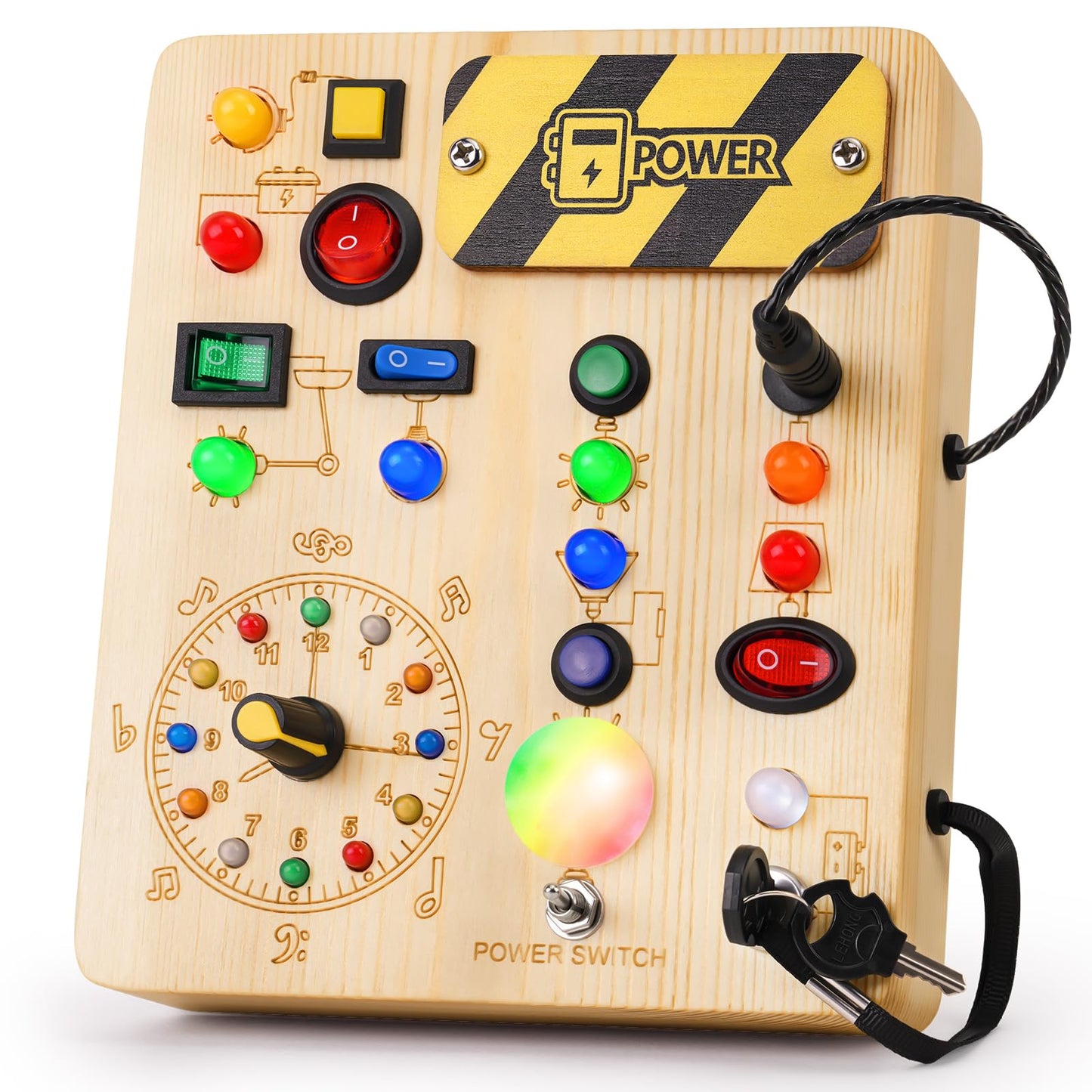 Busy Board with Led Light, Montessori Toys for 1-3 Years Old Boys Girls Wooden Toddler Toys Birthday Gift Educational Toys for 1+ Year Old, Toddler Travel Toy Sensory Toys for Kids with Autism