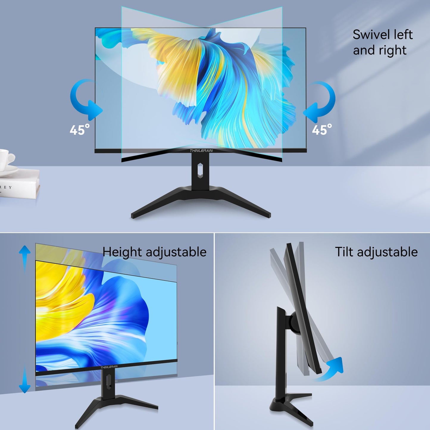 Thinlerain 23.8 inch Computer Monitor 1920x1080 Vertical PC Monitor with HDMI VGA AV BNC USB Ports, Multi-Function Stand, VESA, Display Frameless Build-in Speakers for Office Home