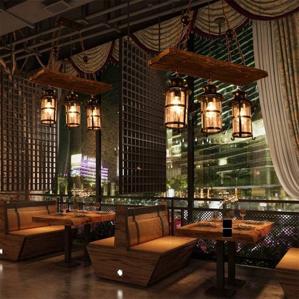Wood Retro Pendant Lighting Industrial Vintage Chandelier Black Metal Bedroom Restaurant Suspension Lamp Cage Frame with Glass Shade House Loft Bar Coffee Decoration Ceiling Lights Fitting, E27
