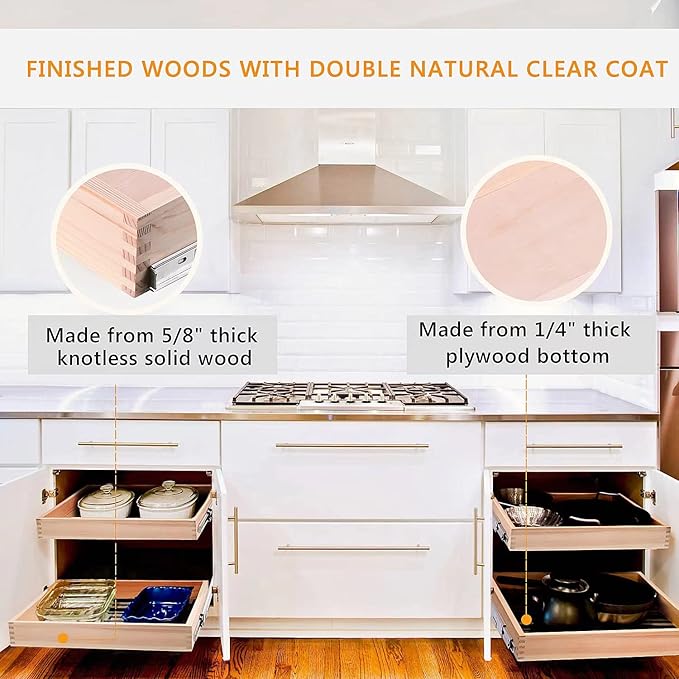 26''W x 21''D x 3''H Pull Out Cabinet Drawer Soft Close Slide Out Wood Organizer for Kitchen, Finished, Bottom and Side Assembly (Wood Drawer Part Width is 25inch)