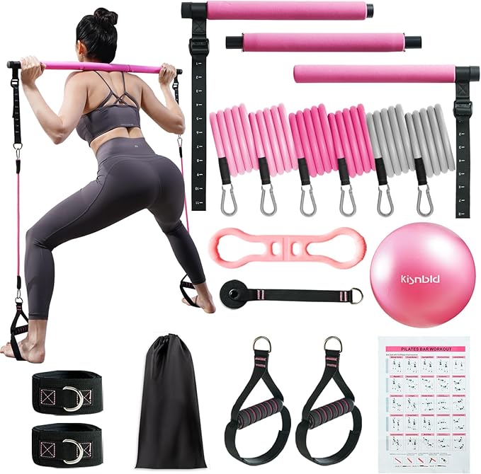 kisnbld Pilates Bar Kit with Resistance Bands, Multifunctional Pilates Bar with 3 Set Exercise Resistance Bands, Portable ...