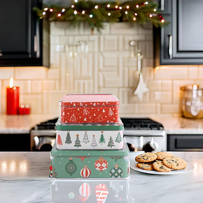 Steel Mill & Co Tin Containers with Lids, 3 Pack Christmas Cookie Tins, Festive Cookie Tins for Gift Giving & Holiday Treats, Square Metal Nesting Containers, Ornaments and Trees