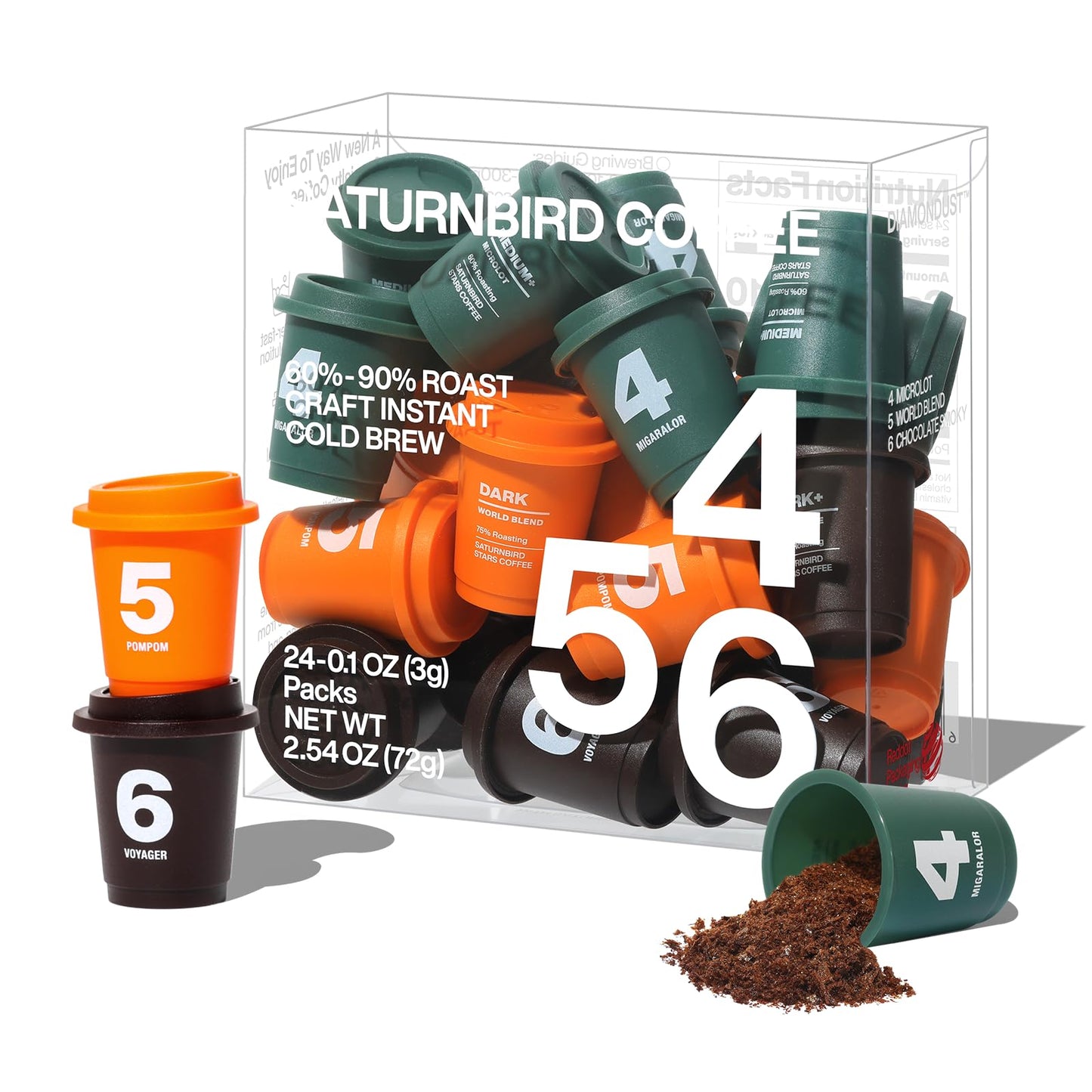 SATURNBIRD Coffee Instant Cold Brew - Medium  Dark Roast Variety Pack  3 Roast Levels (NO.4-6)  100% Arabica Coffee Powder  Enjoy Cold/Hot  24 Single Serves Perfect for Iced Coffee