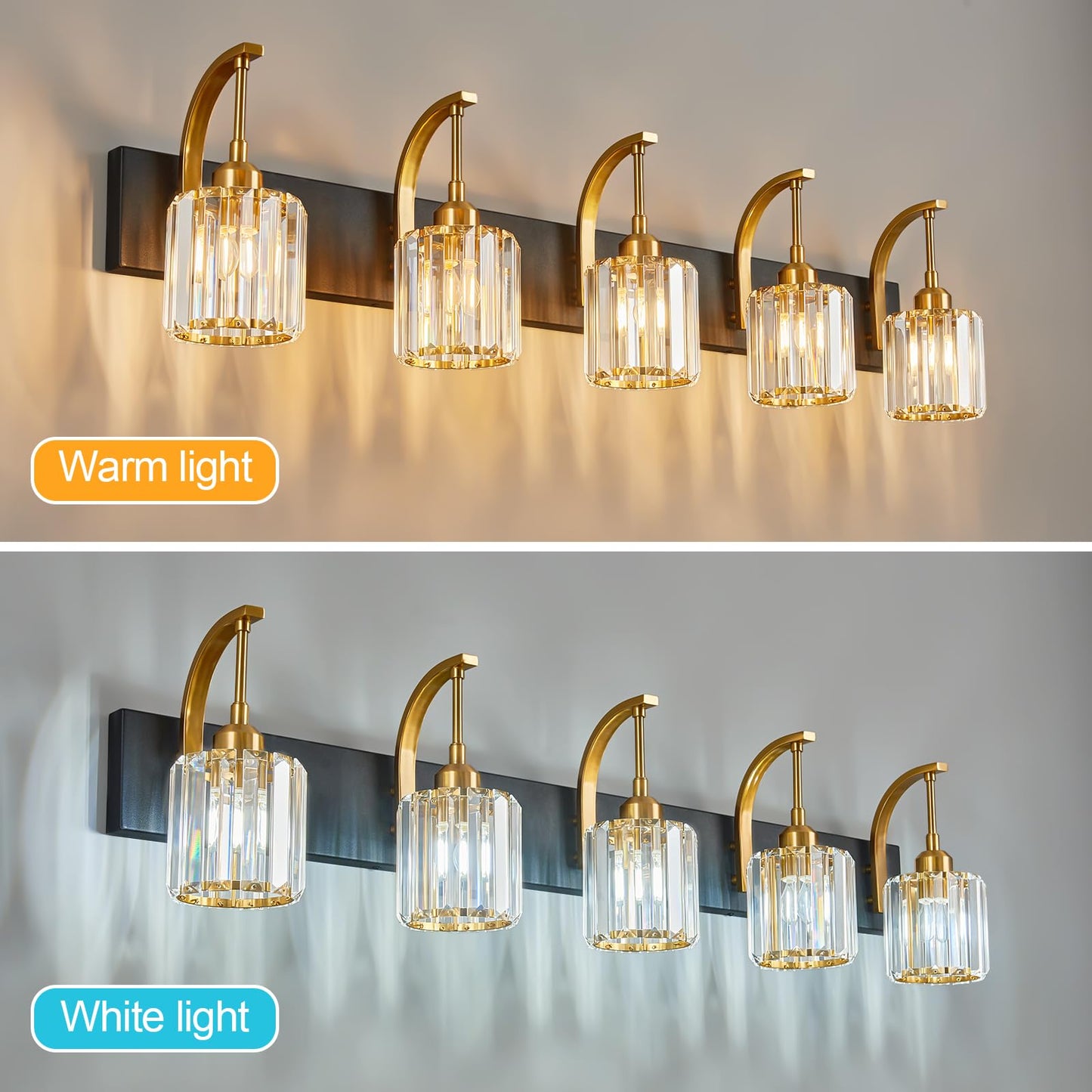 Fdpby 5-Light Crystal Vanity Light  Modern Black Gold Bathroom Wall Sconce With K9 Crystal Shades  42.51 Long Over Mirror Lighting For Vanity  Makeup  Hallway  Elegant & Easy Installation