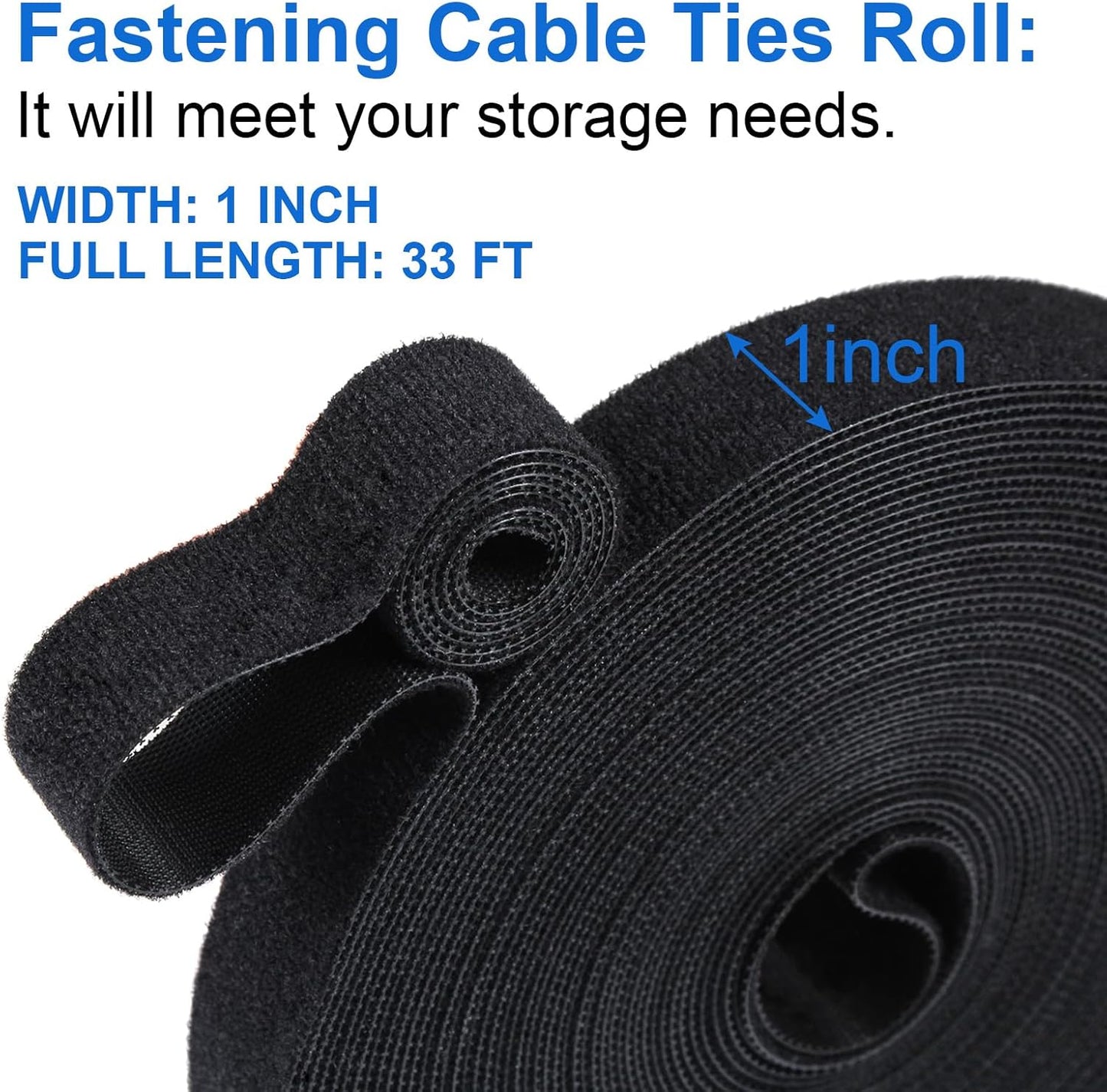 OneLeaf Hook and Loop Roll Reusable Fastening Cable Ties, 33ft x 1inch Black Heavy Duty Cord Organizer Straps, Free Cutting Multi-Purpose Cable Management Tape for Home and Office