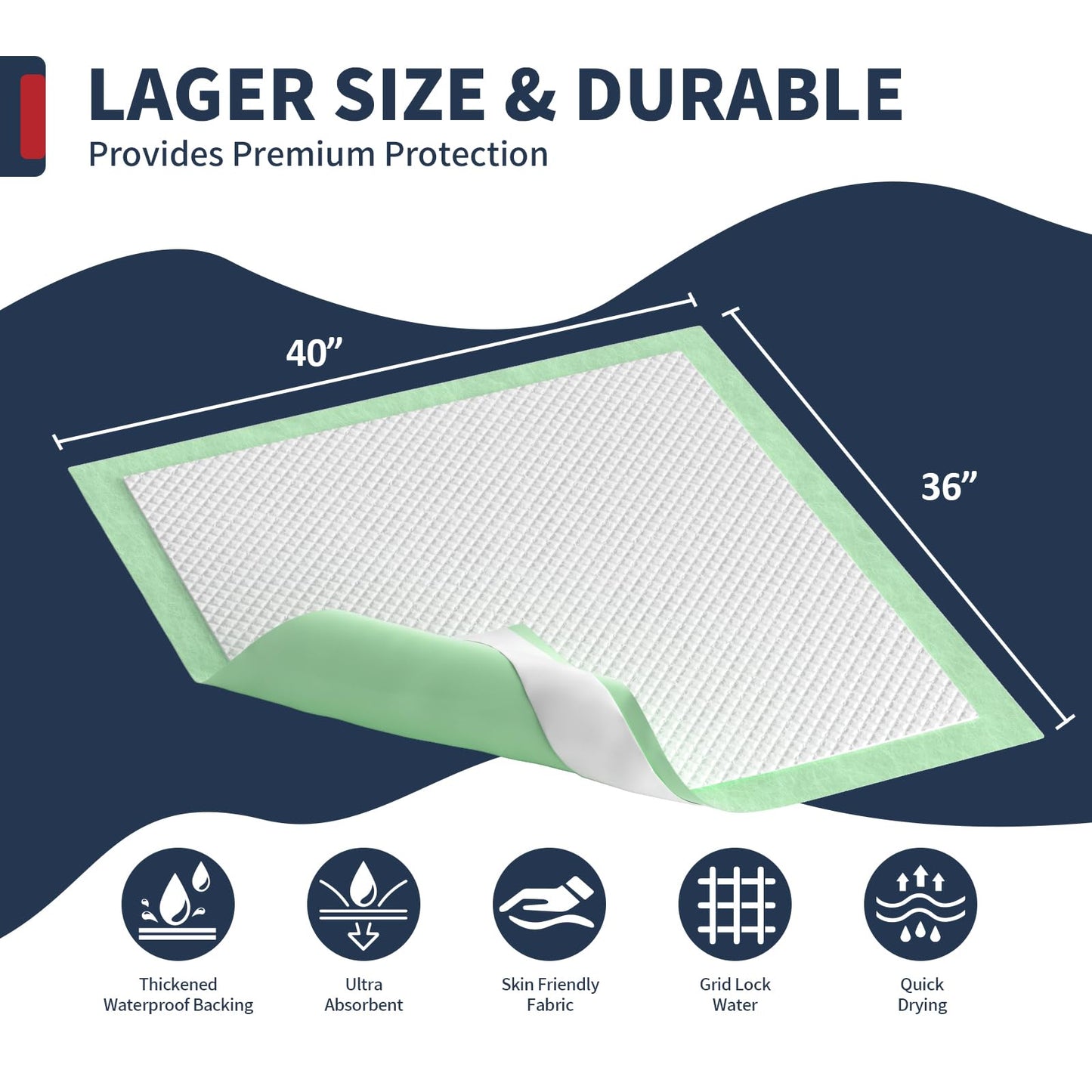 Extra Large Bed Pads with Adhesive Strips 40'' X 36'' Disposable Underpads for Incontinence (30 Pads) Ultra-Absorbent & Leak-Proof Chucks Pads for Adults, Elderly and Kids