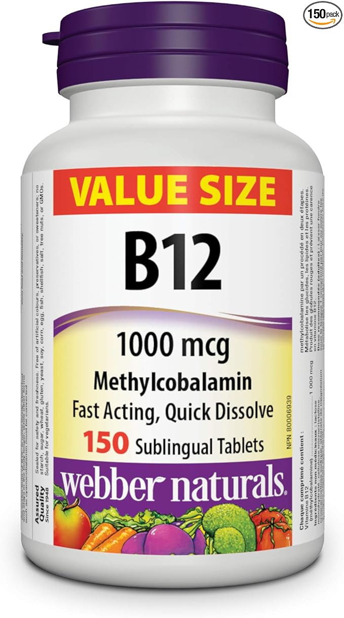 Webber Naturals Vitamin B12 1000 mcg Methylcobalamin, 150 Sublingual Tablets