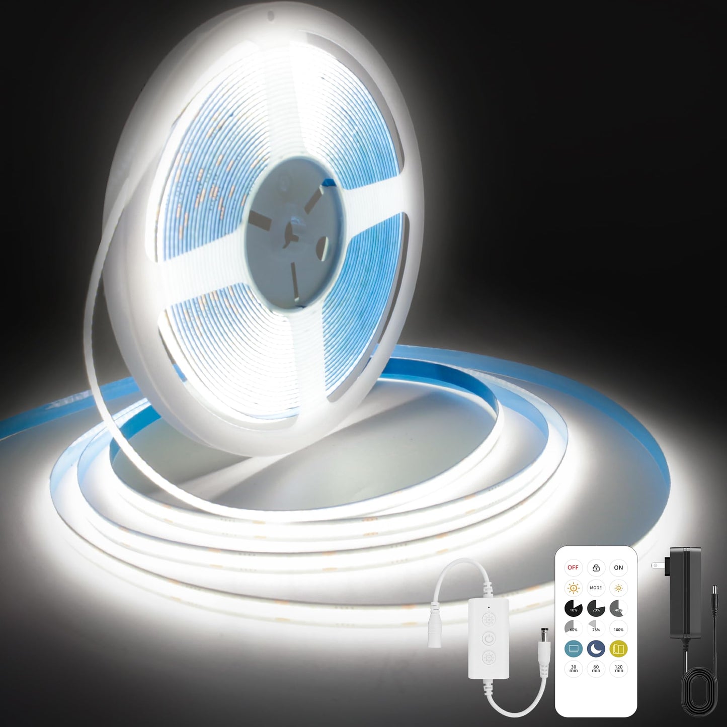 Pandery COB LED Strip Lights, 24FT Dimmable, 6000K Cool White, Flexible, Cuttable, Model PD-COB-24V, Remote & App Control