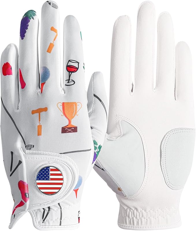 Amy Sport Womens Golf Glove with Ball Marker Rain Left Right Hand Leather Printed Pack, Ladies Golf Gloves All Weather Gri...