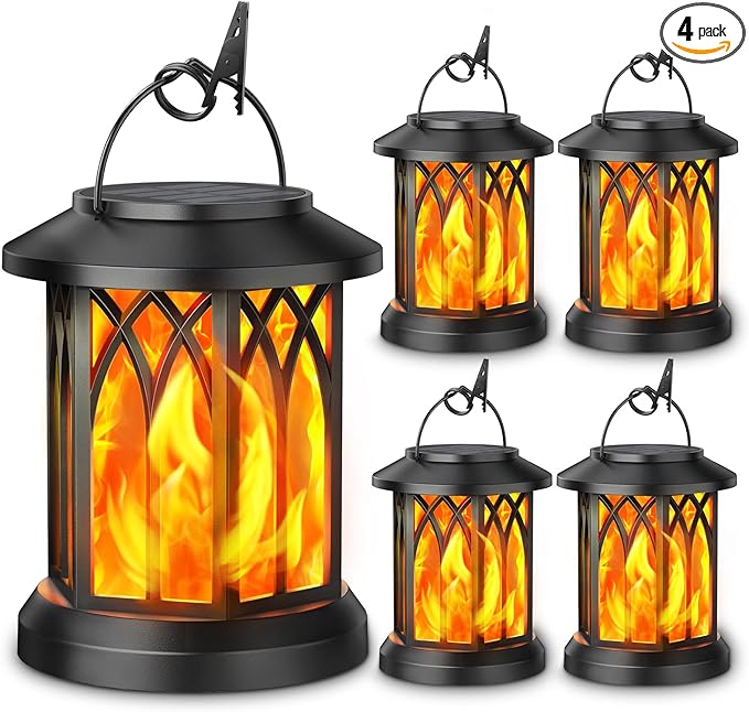 KOOPER 4 Pack Solar Lantern Outdoor Lights, Upgraded Flickering Flame Solar Lanterns Lights Outdoor Waterproof, Hanging La...