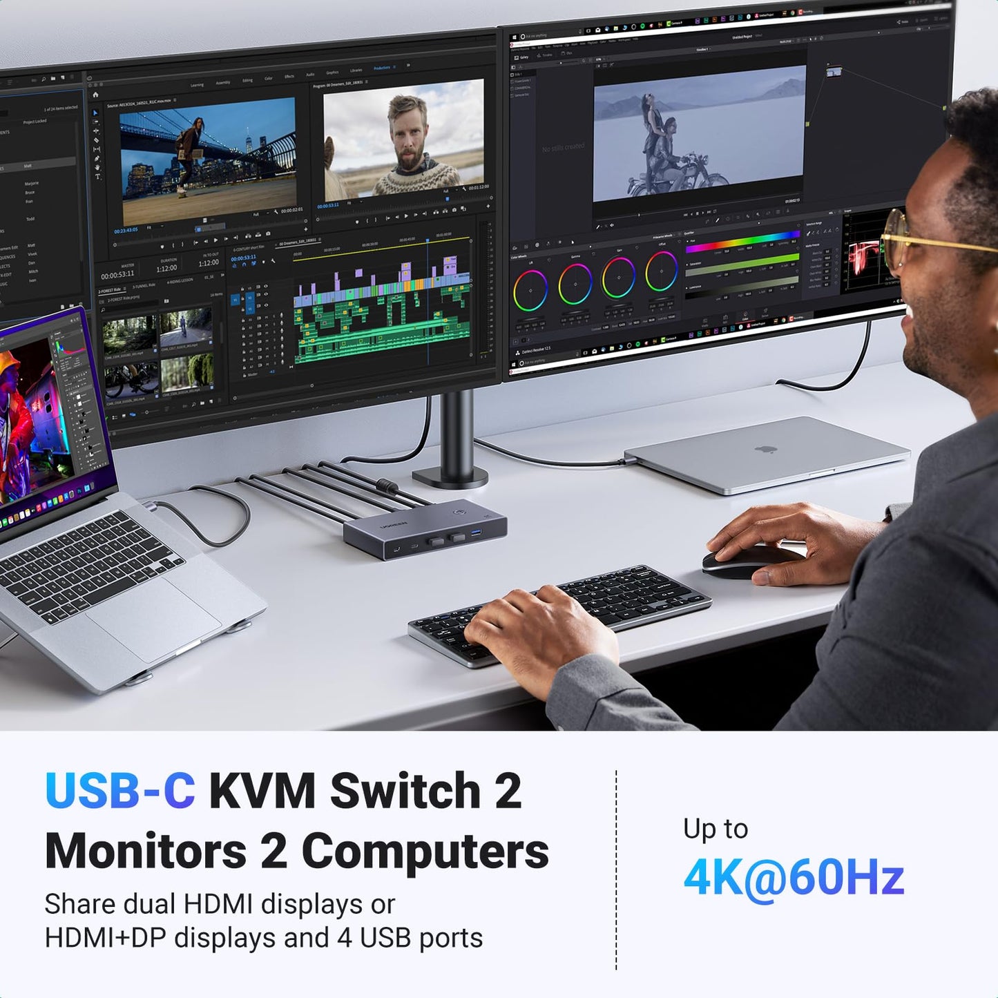 UGREEN USB-C KVM Switch 2 Monitors 2 Laptops with 4 USB 3.0 Ports 4K@60Hz for 2 Laptops Share Dual Monitors Keyboard Mouse Hard Drive Printer with PD100W Power Adapter, 2 USB Cables, Controller