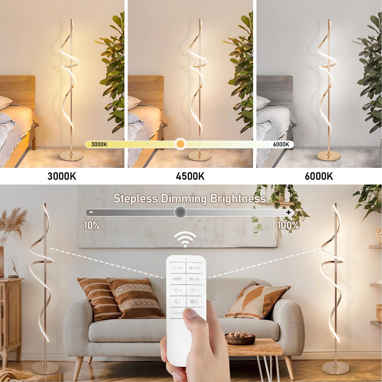 EIDISUNY LED Floor Lamp, 60in Spiral, Dimmable, 3 Color Temperatures, Remote Control, Model FL-YLC002GD, Gold