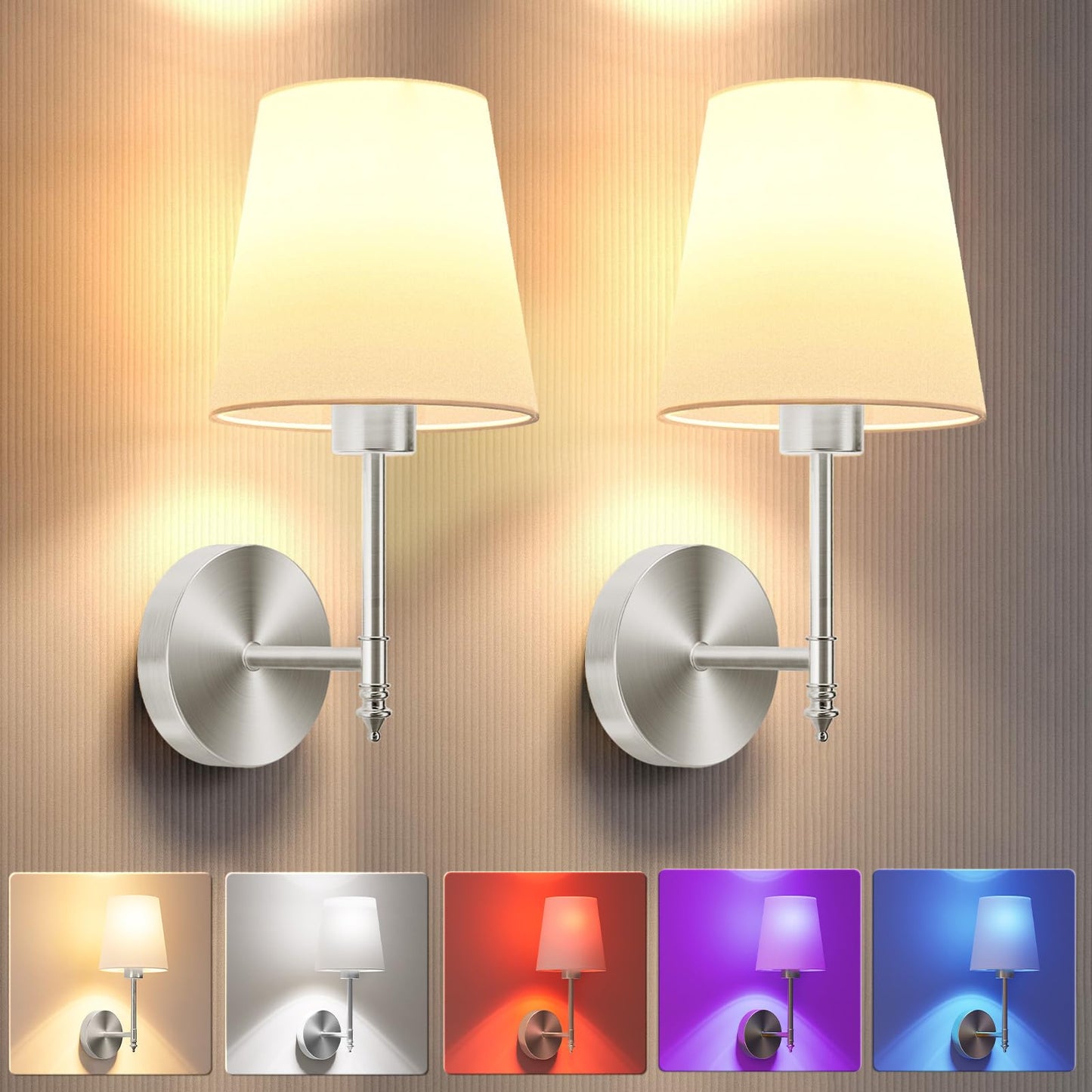 JOFIOS Battery Operated Wall Sconce Set of 2, 14.5in Silver Metal, Dimmable Detachable Bulbs, Remote Control, 10 Colors, Model JFS613