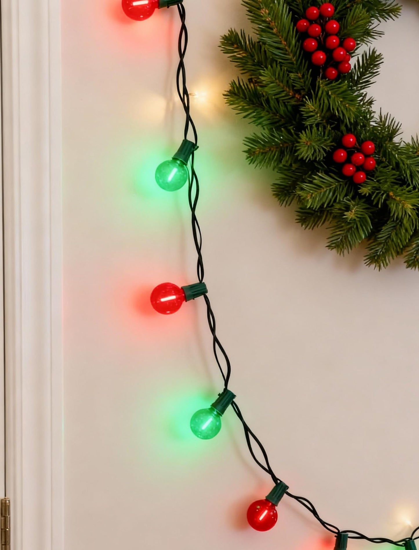 50Ft Clear Red And Green Outdoor Led Lights G40 Globe Patio Christmas String Lights With 25 Ceramic Colorful Bulbs(2 Spare) Outside Christmas Hanging Lights For Christmas Tree Roofline Holiday Party