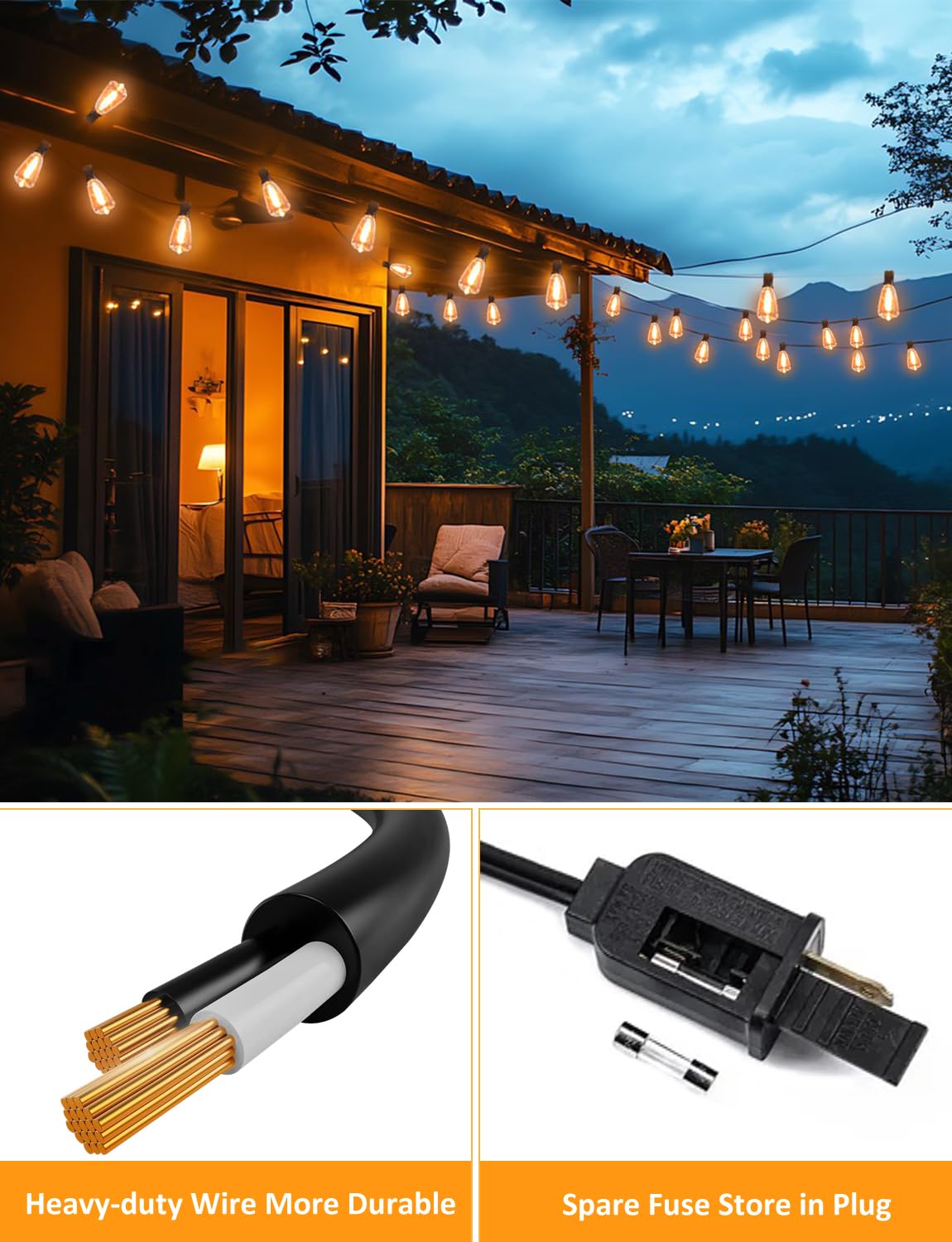 GHUSTAR 150FT LED Outdoor String Lights - Waterproof Vintage Edison Bulbs - Black Plug-in - Model CMC-O581