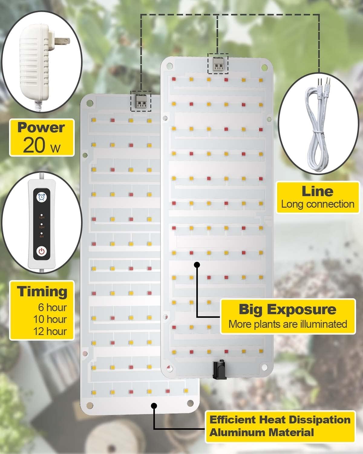 Grow Light, 20W Ultra-Thin LED Grow Lights for Indoor Plants Full Spectrum, 6/10/12H Timer Plant Light, 132 LEDs Under Cabinet Plant Growing Lamp Strip for Seedlings, Veg, Flowers (2pcs)