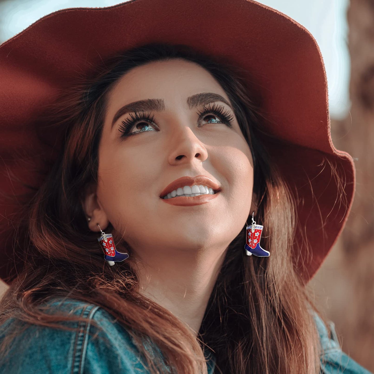 RechicGu 4th of July Earrings,Western West Cowgirl Texas Boots Spur Dangle Drop Earrings Rodeo Boho Fancy Dress Costume (Flower