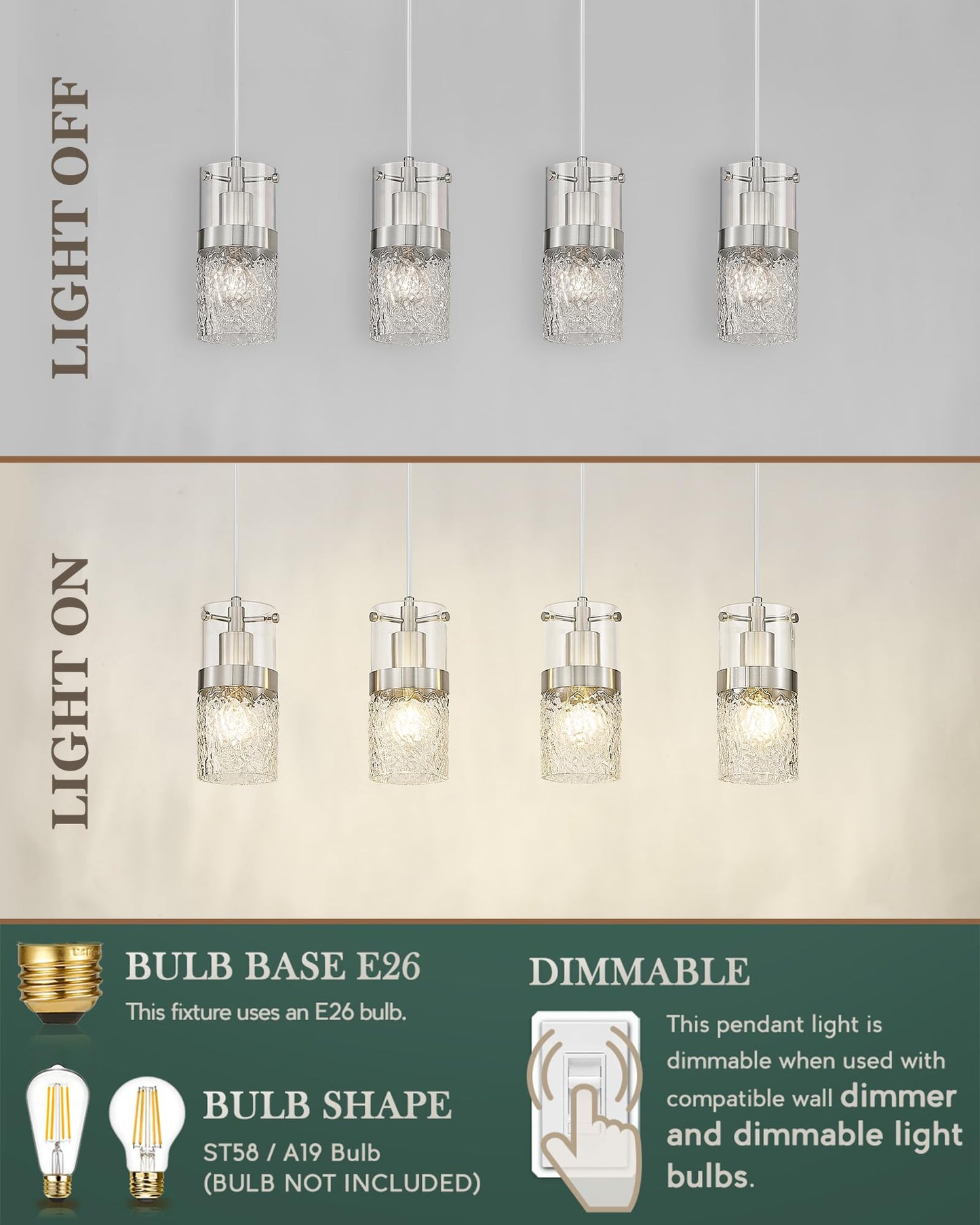 Lms 4-Lightisland Lighting  Brushed Nickel Kitchen Island Light Fixture  Farmhouse Linear Chandeliers For Dining Room Over Table Pendant Light With Hammered Glass For Living Room  Lms-171Bn4L
