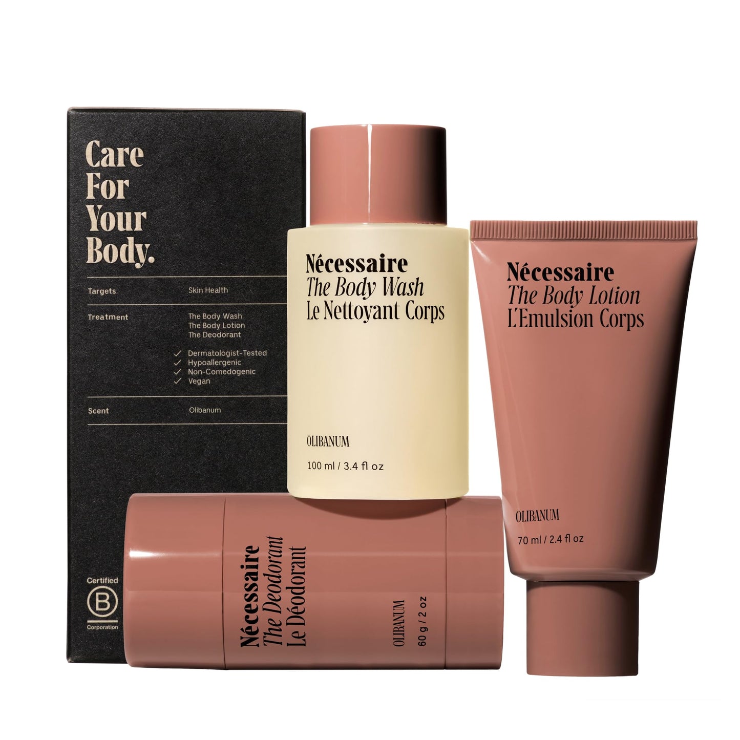 N  cessaire Body Essentials - Skin Care Gift Set For Women + Men - Travel-Size Body Wash, Body Lotion + Deodorant | Dermatologis