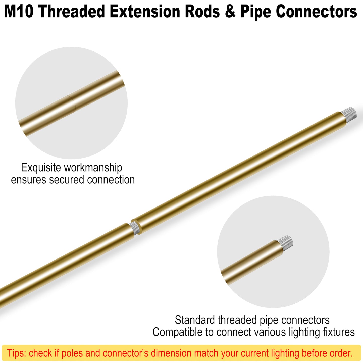 M10 Threaded Extension Poles Lighting Fixture Downrods Stems & 180 Degrees Sloped Ceiling Adapter Kits For Pendant Light  Island Lighting  Chandeliers (Brass)