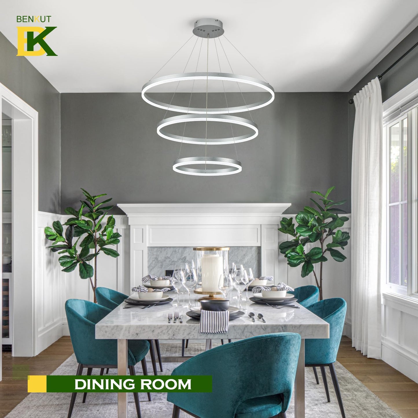 Benkut LED Chandelier Pendant Light, Dimmable, 3 Ring, Silver, Remote Control, High Ceiling, Model P60-3SDC1