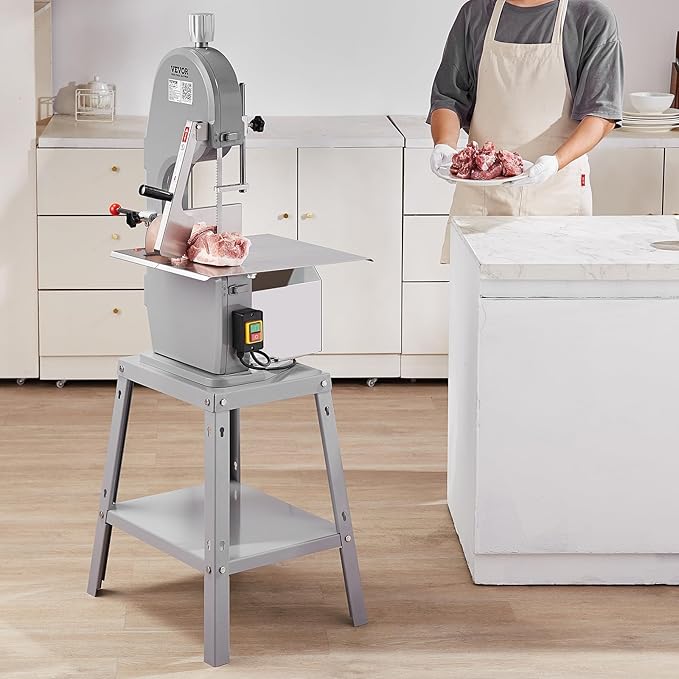 Commercial Electric Meat Bandsaw, 1500W Stainless Steel Vertical Bone Sawing Machine, Workbeach 19.3" x 15", 0.16-7.9 Inch Cutting Thickness, Frozen Meat Cutter with 6 Blades for Rib Pork Beef