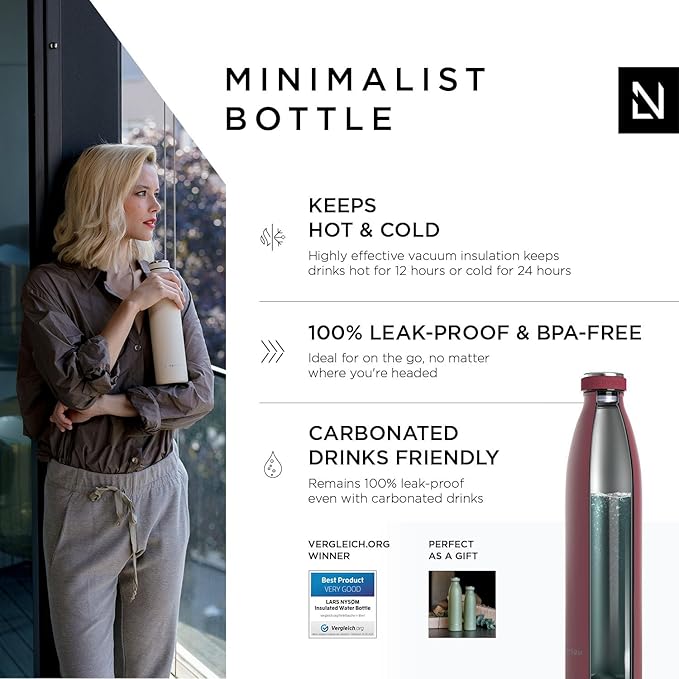 LARS NYSØM Stainless Steel Insulated Water Bottle 12oz 17oz 25oz 34oz 51oz | BPA-free Insulated Thermo Flask for Hot and Cold Beverages | Leakproof Drinking Bottle (Berry, 34oz)