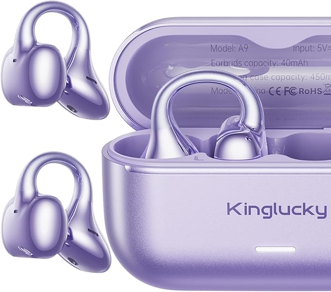 Kinglucky Open Ear Clip-On Earbuds, Semi-in-Ear Headphones No Ear Pain, Secure Fit for Running, Focused Sound for Work, Bl...