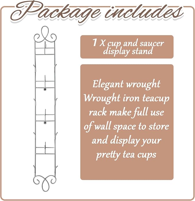 Blulu 1 Pcs 36'' x 5'' Tea Cup and Saucer Display Stand 4 Tiers Vertical Wall Mounted Cups Plate Holder Wall Plate Hangers Decorative Brackets for China Coffee Mug Gifts Thanksgiving Christmas (White)