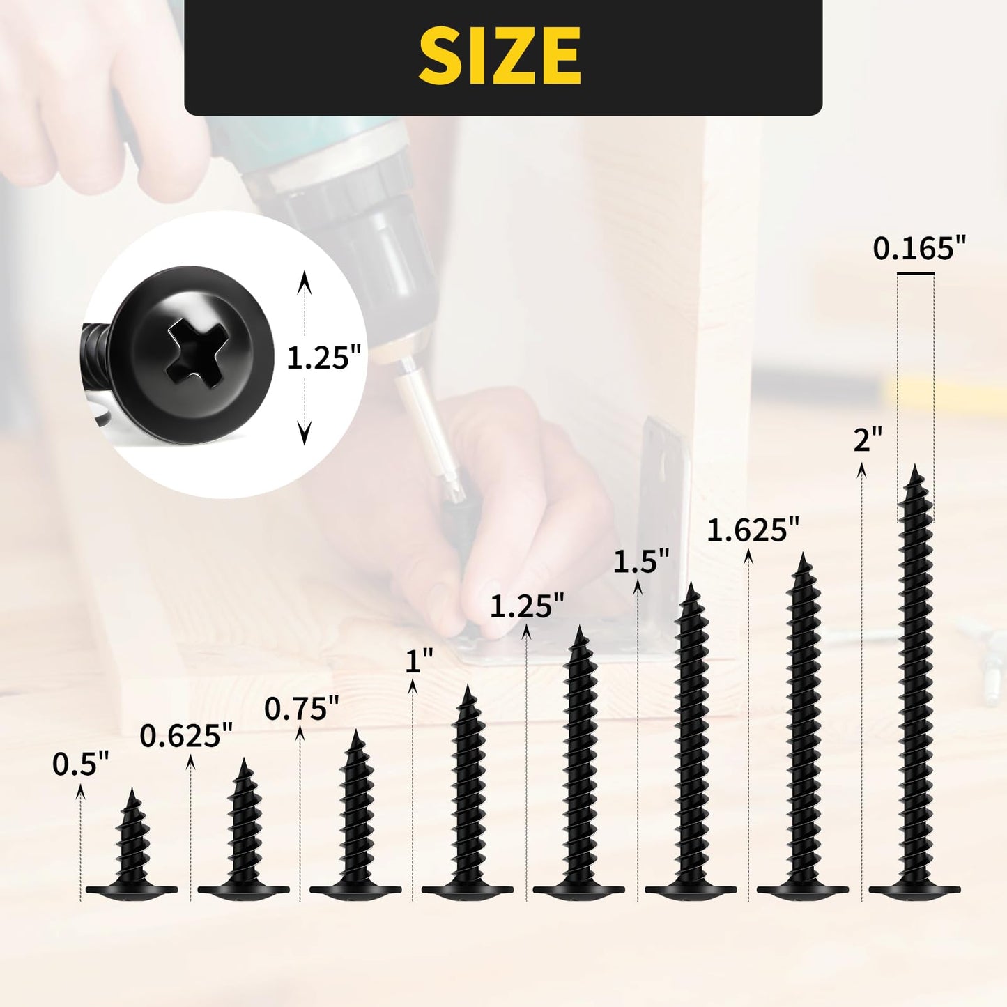 220 PCS #8 Truss Head Black Wood Screws Assortment Kit,FIXLINK High Hardness Wood Screws Set, Phillips Drive Assorted Screws, Contain 8 Size (2”,1-5/8”,1-1/2”,1-1/4”,1”,3/4”,5/8”,1/2”), Black