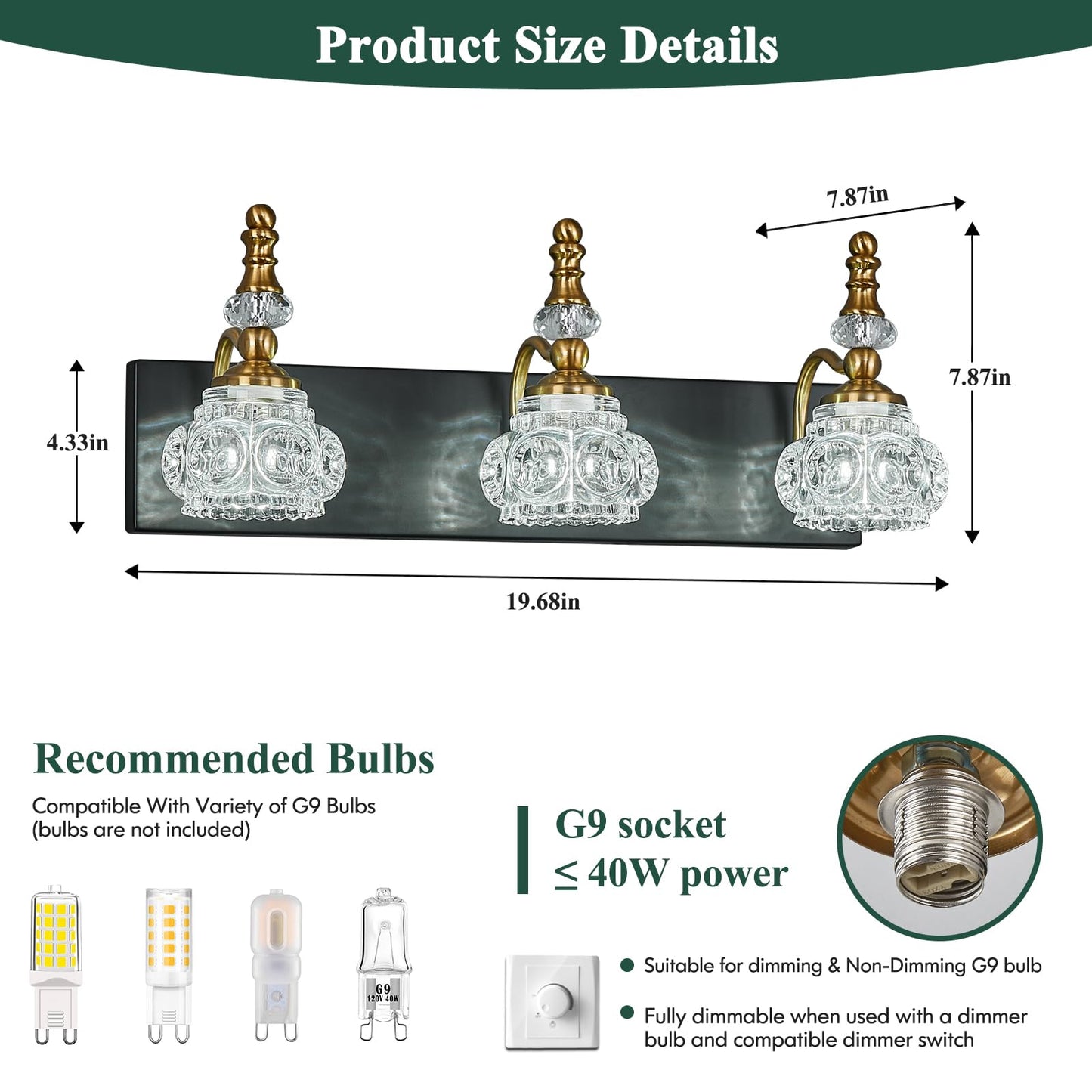 Lbsqj Bathroom Light Fixtures  Modern Glass Crystal Vanity Light Vintage Bathroom Lighting Fixtures Over Mirror 3 Light Vanity Lights G9 Bulb (19.68 Inch  Black Gold)