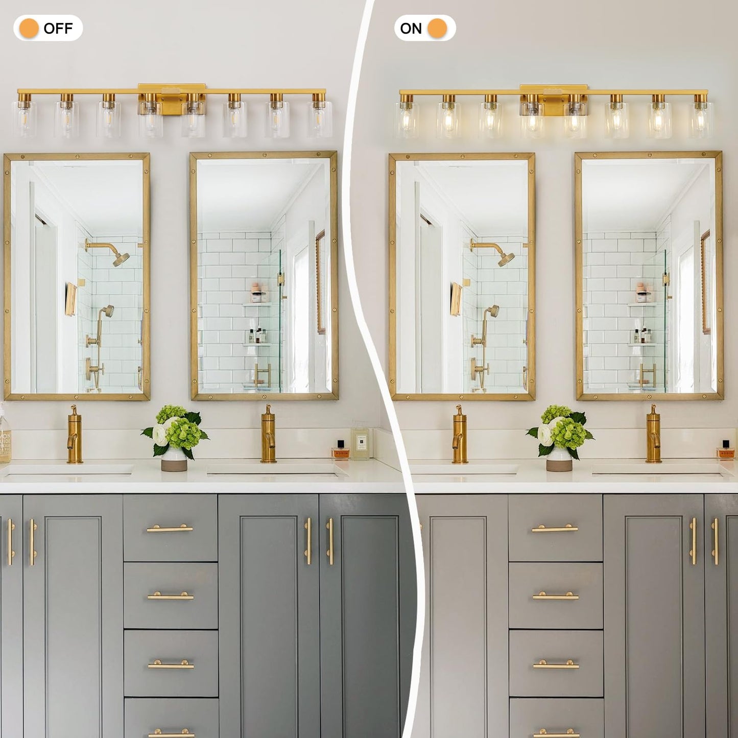 Hdasic 8 Light Gold Bathroom Light Fixtures  Modern Large Vanity Lights With Clear Glass Shade  Brushed Brass Bathroom Lighting Fixtures Over Mirror  Wall Scones Light For Bedroom  Living Room