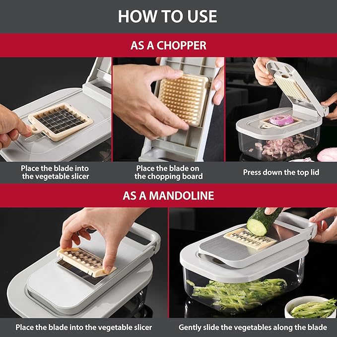 11-in-1 Vegetable Chopper for Kitchen, Food Chopper with Container, Mandoline Slicer Onion Dicer, Veggie Cutter for Fruit Salad Kitchen Gadgets Essential Tools (Beige)