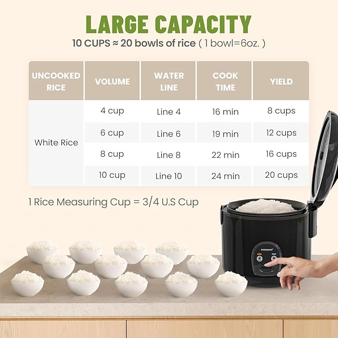 10-Cup Uncooked Rice Cooker & Food Steamer - Ceramic Non-Toxic Inner Pot, One-Touch Multifunction for Rice/Sauté/Yogurt, Dishwasher Safe, 3-10 Family Size, Dark
