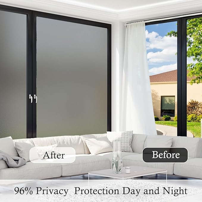 Coavas Window Privacy Film Frosted Glass Static Cling UV Sun Blocking Heat Control Window Tint Day and Night Insulation Home Bathroom Door Decorative Frosting Cover, 45.2 x 314.9 Inch, Gray