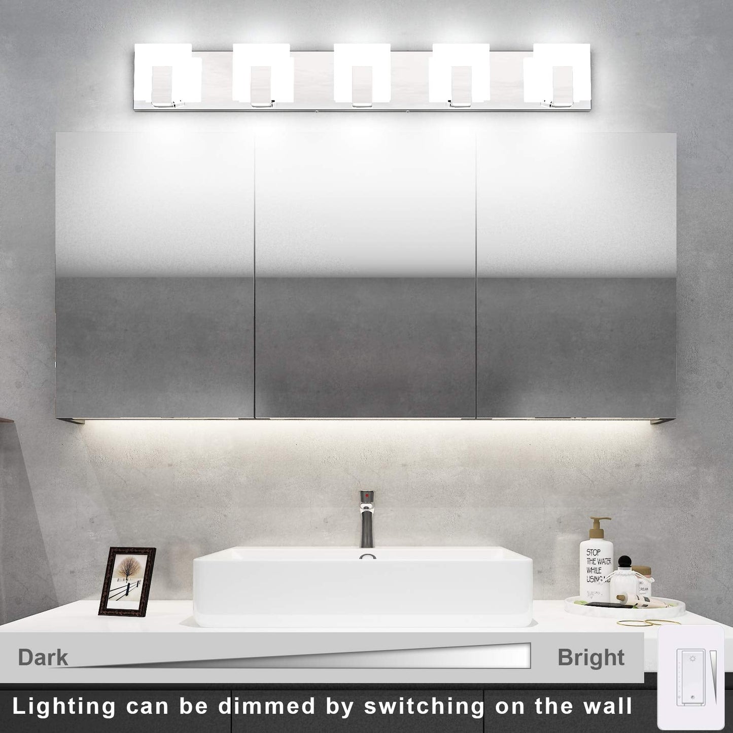 Aipsun Dimmable 5 Lights Led Bathroom Vanity Light Fixture - Chrome Stainless Steel, Model Ca-1105-5T-D, Over Mirror Lighting