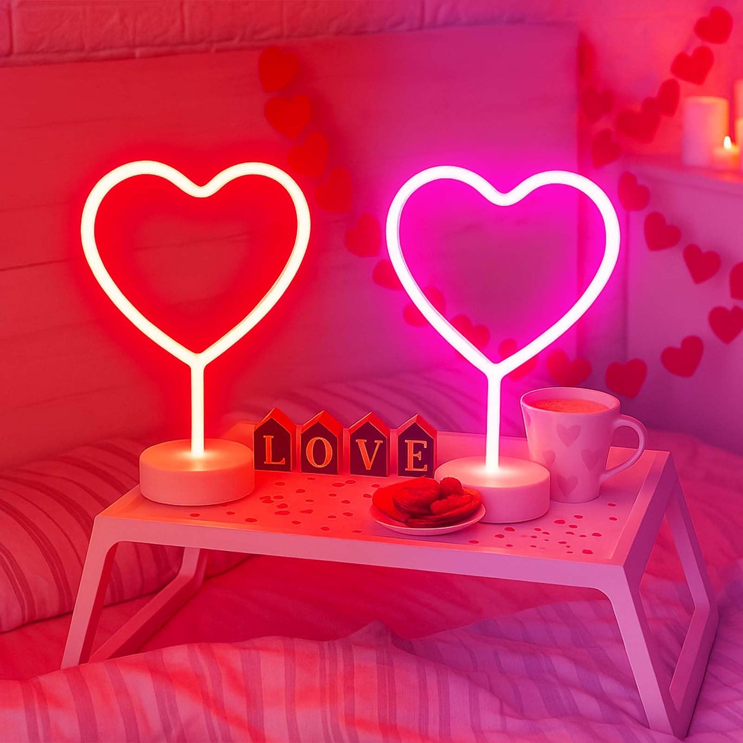 BHCLIGHT 1PK Pink & 1PK Red Heart Neon Sign, Valentines Day LED Neon Light Battery Operated or USB Powered Valentines Heart Lights, Table Lamp for Galentines Day Decorations, Gifts for Women, Lover.