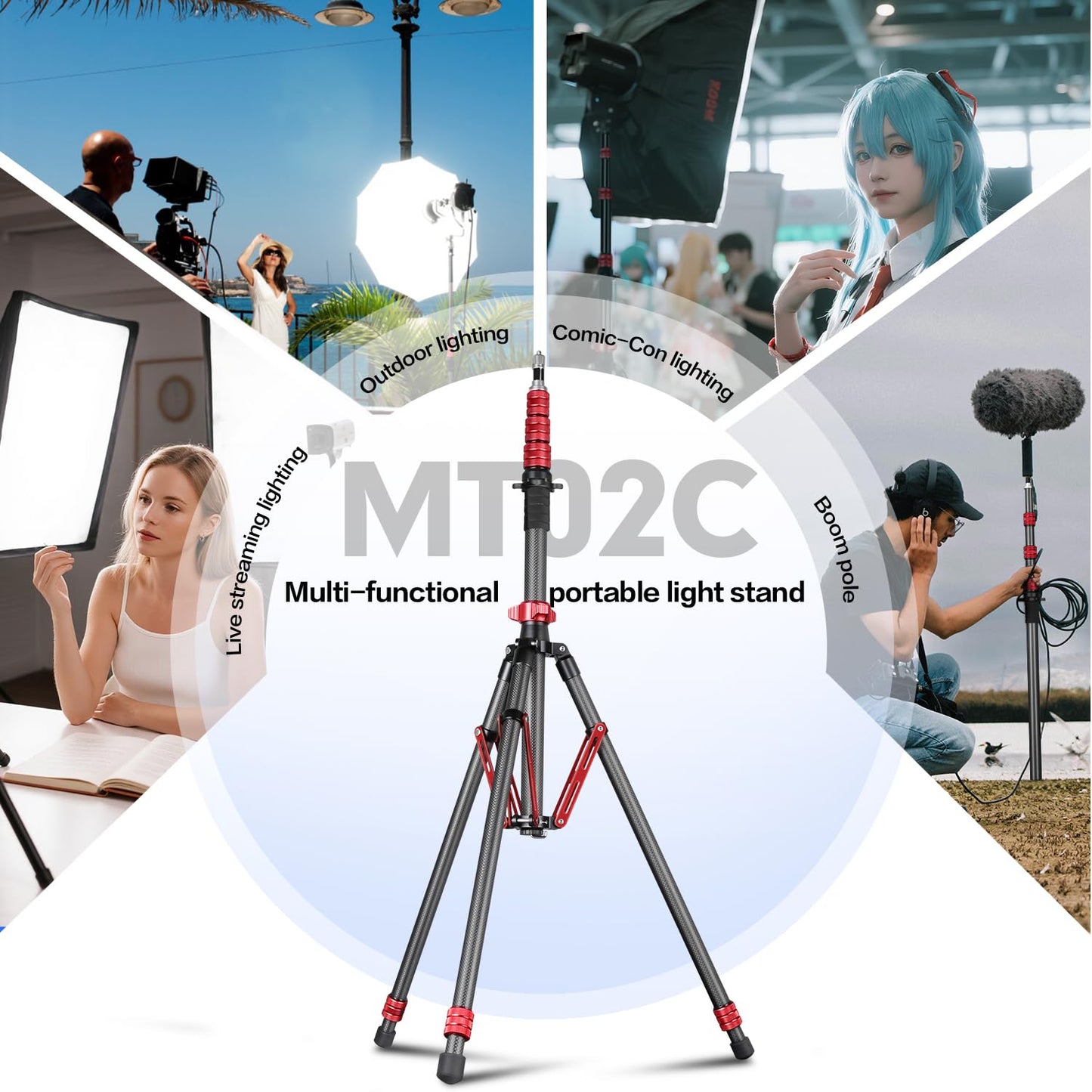 FreeSea Light Stand Carbon Fiber, Adjustable Tripod Stand for Photography, 260cm/102inch Studio Sturdy Tripod for Speedlite Flash Softbox Strobe Light Camera with Carrying Bag