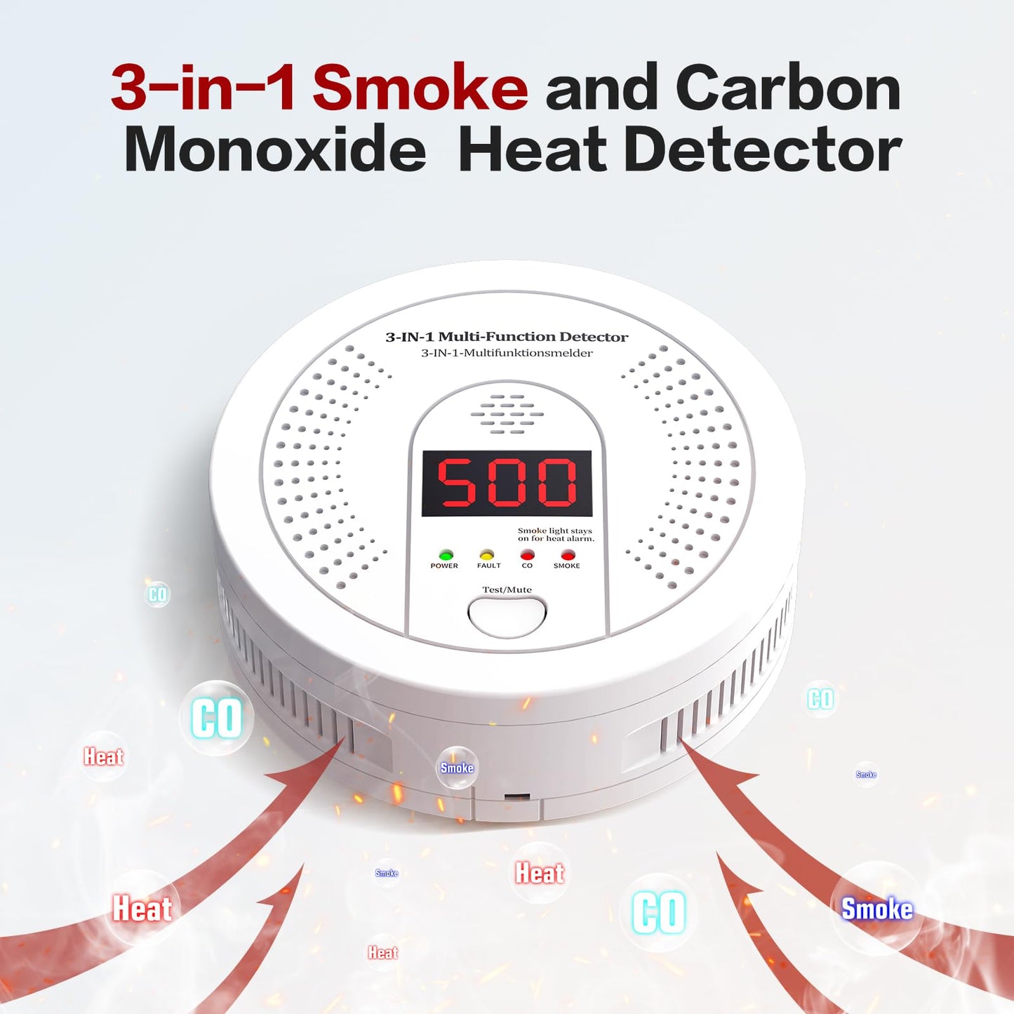 3 in 1 Multi Gas Detector Smoke Carbon Monoxide and Heat Detector 10 Year Battery Powered CO Alarm with Clear LCD Display and Audible Alarm for Home Safety and Protection Includes Battery