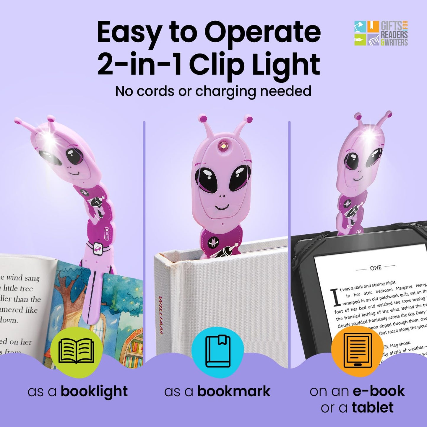 Gifts For Readers & Writers Led Reading Light - 2-In-1 Bookmark & Clip-On, Battery Operated, Alien Purple, Model 4947
