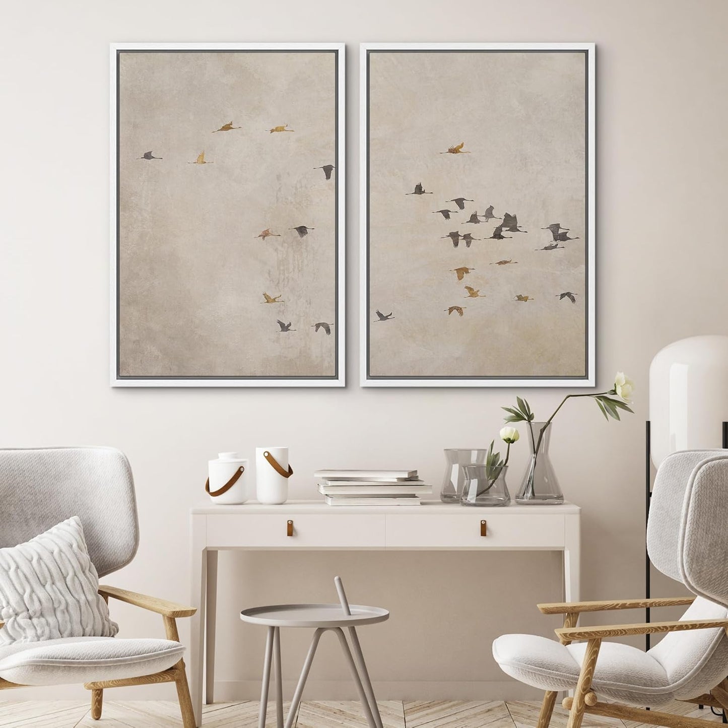 SIGNWIN Framed Canvas Print Wall Art Set Flying Birds Silhouette Minimalist Beige Illustrations Modern Minimal Decorative for Living Room, Bedroom, Office - 24"x36"x2 White