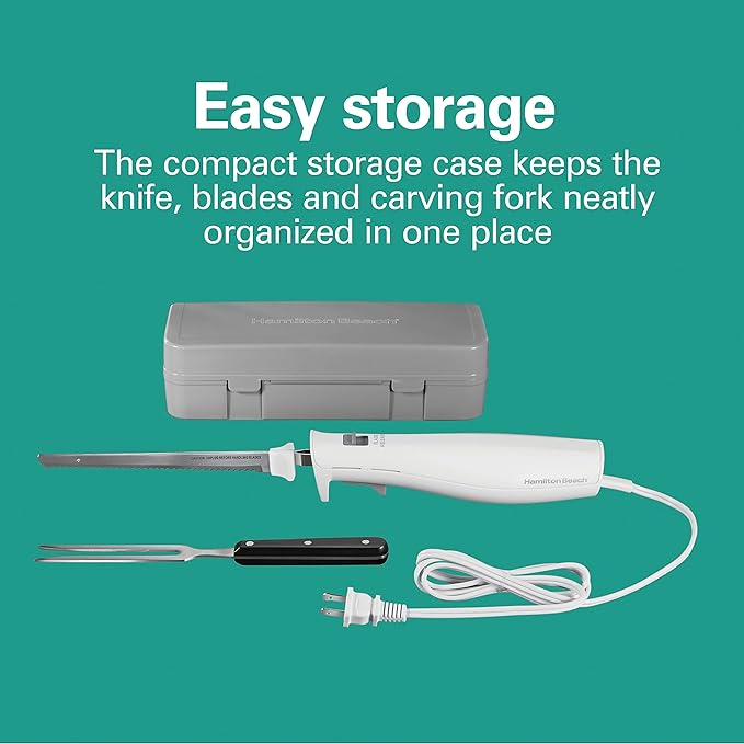 Hamilton Beach Electric Knife Set for Carving Meats, Poultry, Bread, Crafting Foam & More, Reciprocating Serrated Stainless Steel Blades, Ergonomic Design Storage Case + Fork Included, 5 Foot Cord