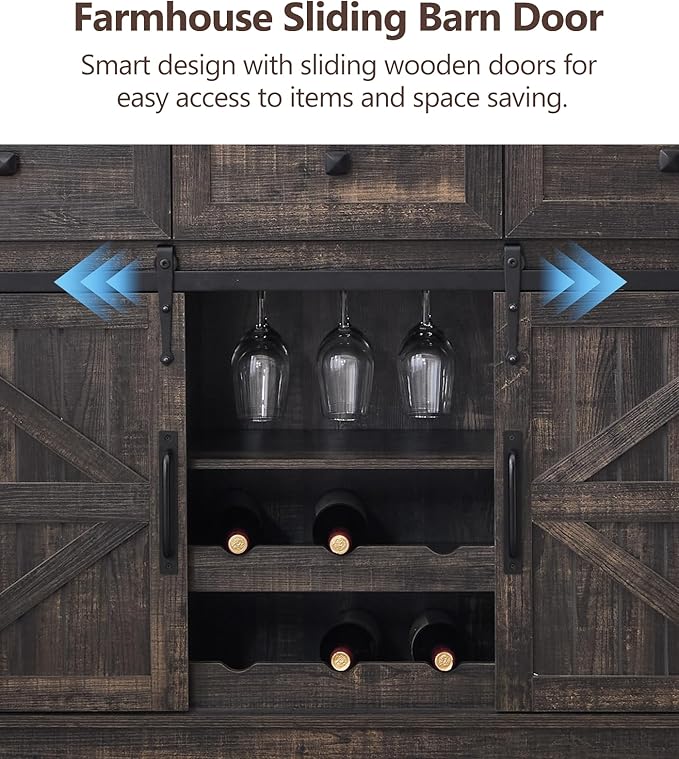 Kmax Farmhouse Wine Bar Cabinet w, 54” Buffet Cabinet with Storage, Rustic White Coffee Bar Cabinet with Sliding Barn Doors, Wine/Glass Rack for Living, Dining Room, Black