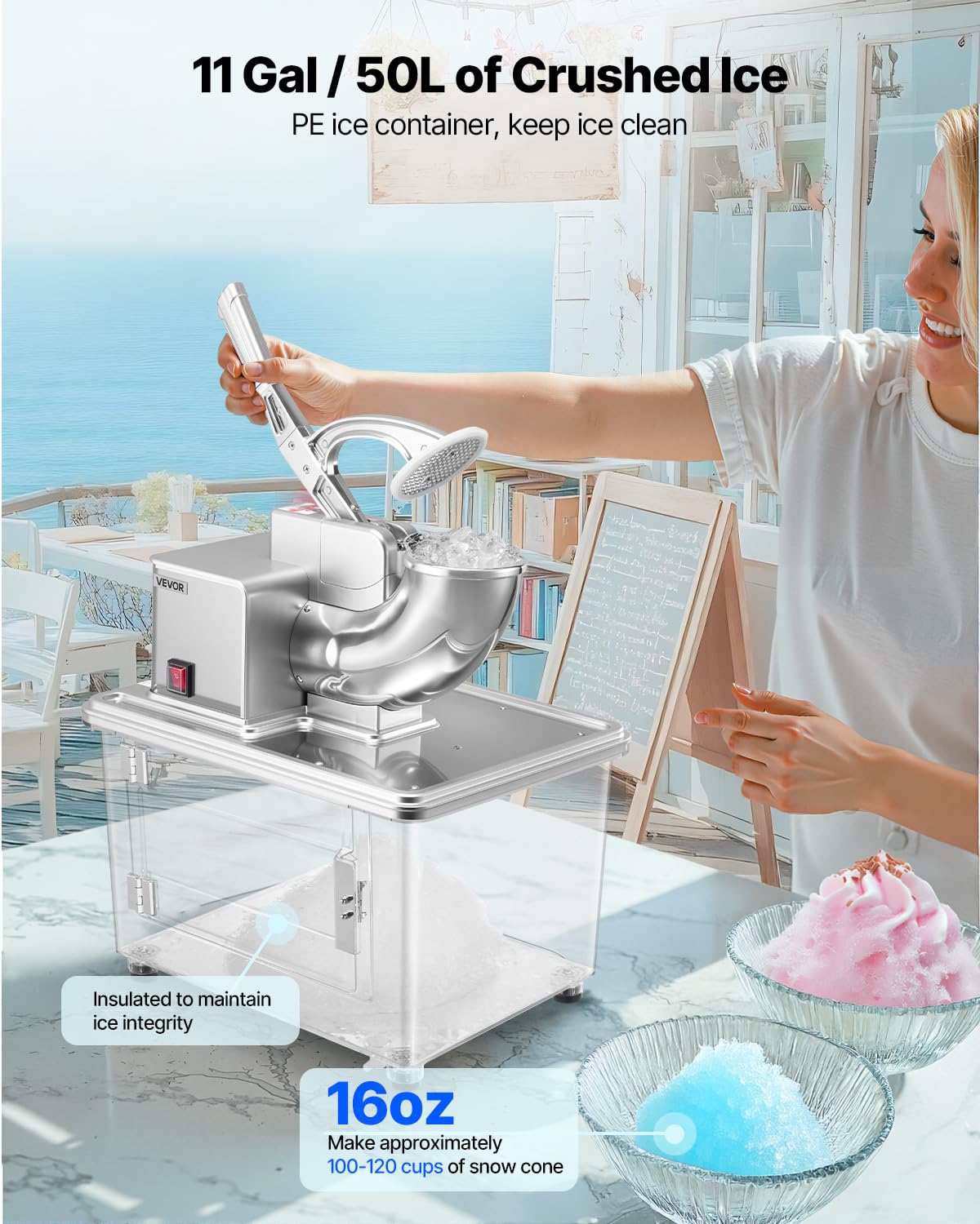 VEVOR Commercial Ice Crusher 661LBS/H, 350W Electric Snow Cone Machine with 4 Blades, 2000RPM Stainless Steel Shaved Ice Machine with 11 Gal Crushed-Ice Box, for Family Restaurants Bars, Silver