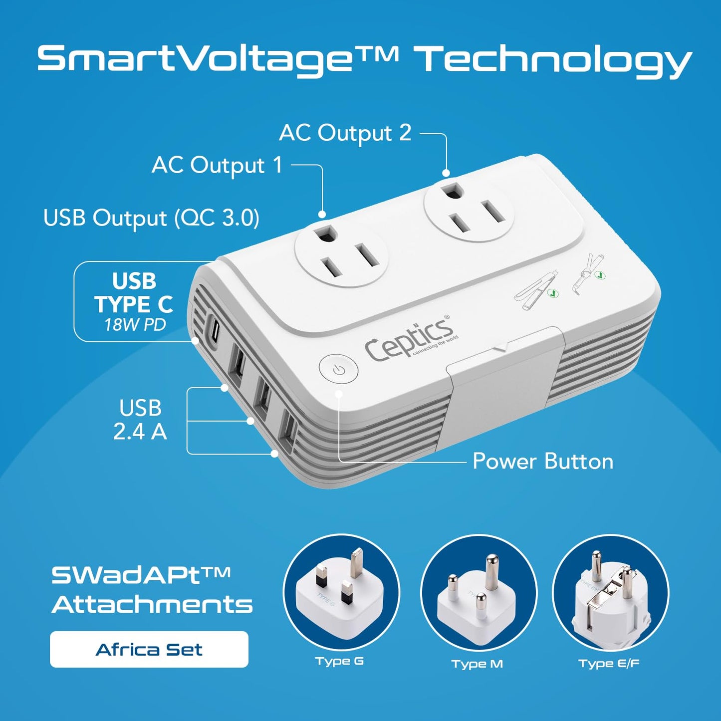 Ceptics South Africa Voltage Converter - 200W Convert 220V To 110V For Devices Like Curling Iron, Straightener, Chargers, Step D