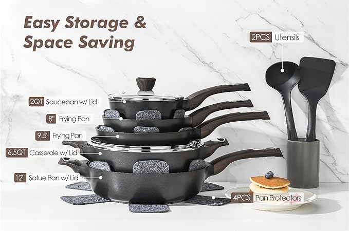 SENSARTE Pots and Pans Set Non stick, Non toxic Healthy Induction Cookware Sets, 14 Pcs Non Stick Kitchen Cooking Set with Frying Pans Set & Saucepan, PFOA PFOS Free, Black