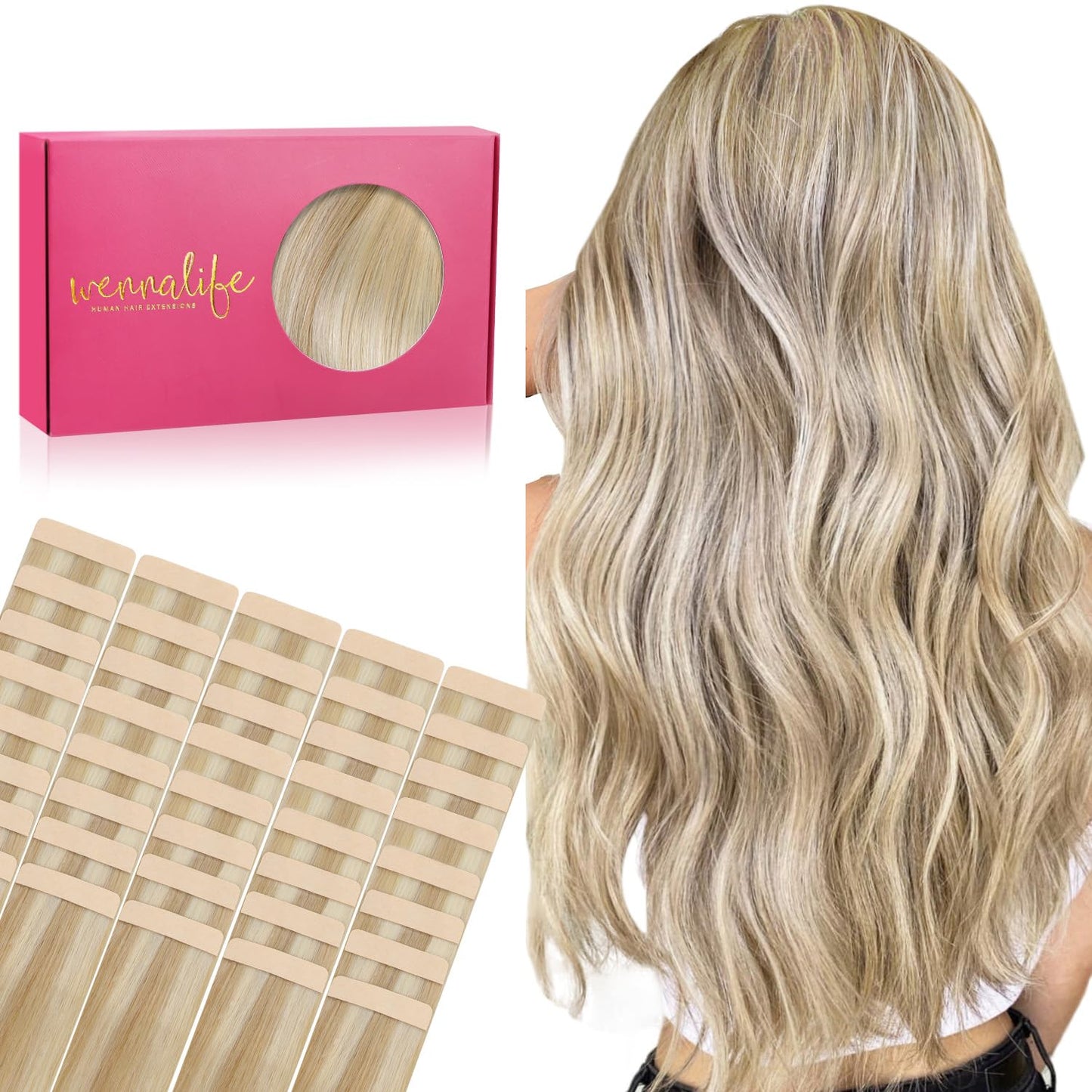 WENNALIFE Tape in Hair Extensions Human Hair, 40pcs 100g 20 inch Dirty Blonde Highlighted Bleach Blonde Hair Extensions Real Hum
