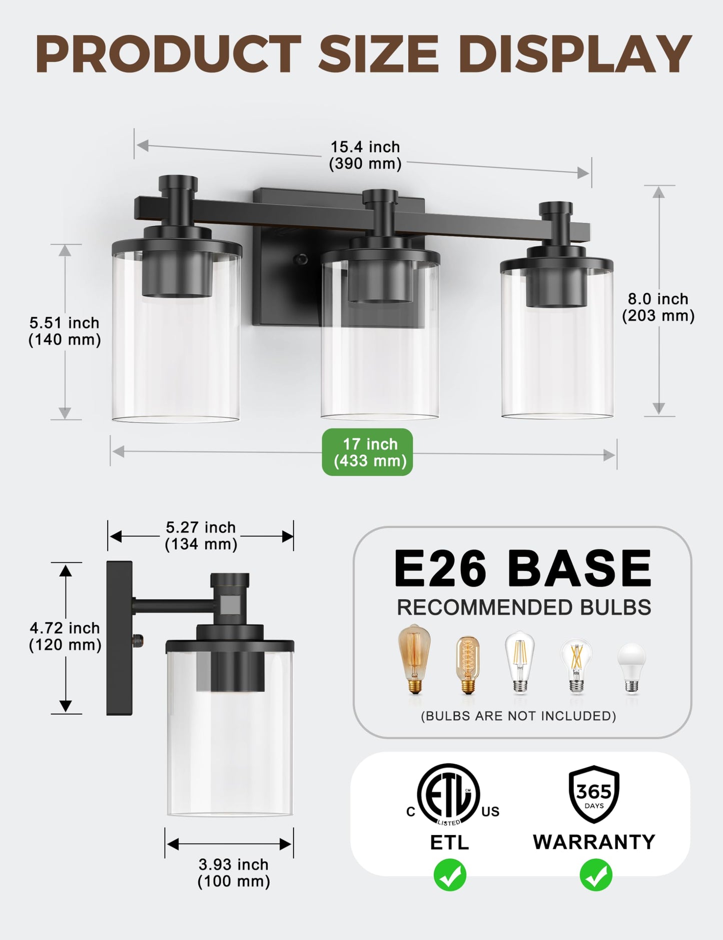L Lohas Led Bathroom Vanity Light  3-Light Modern Black Wall Sconce Lighting With Clear Glass Shade  Lighting Fixtures Over Mirror  Vanity Light 17In