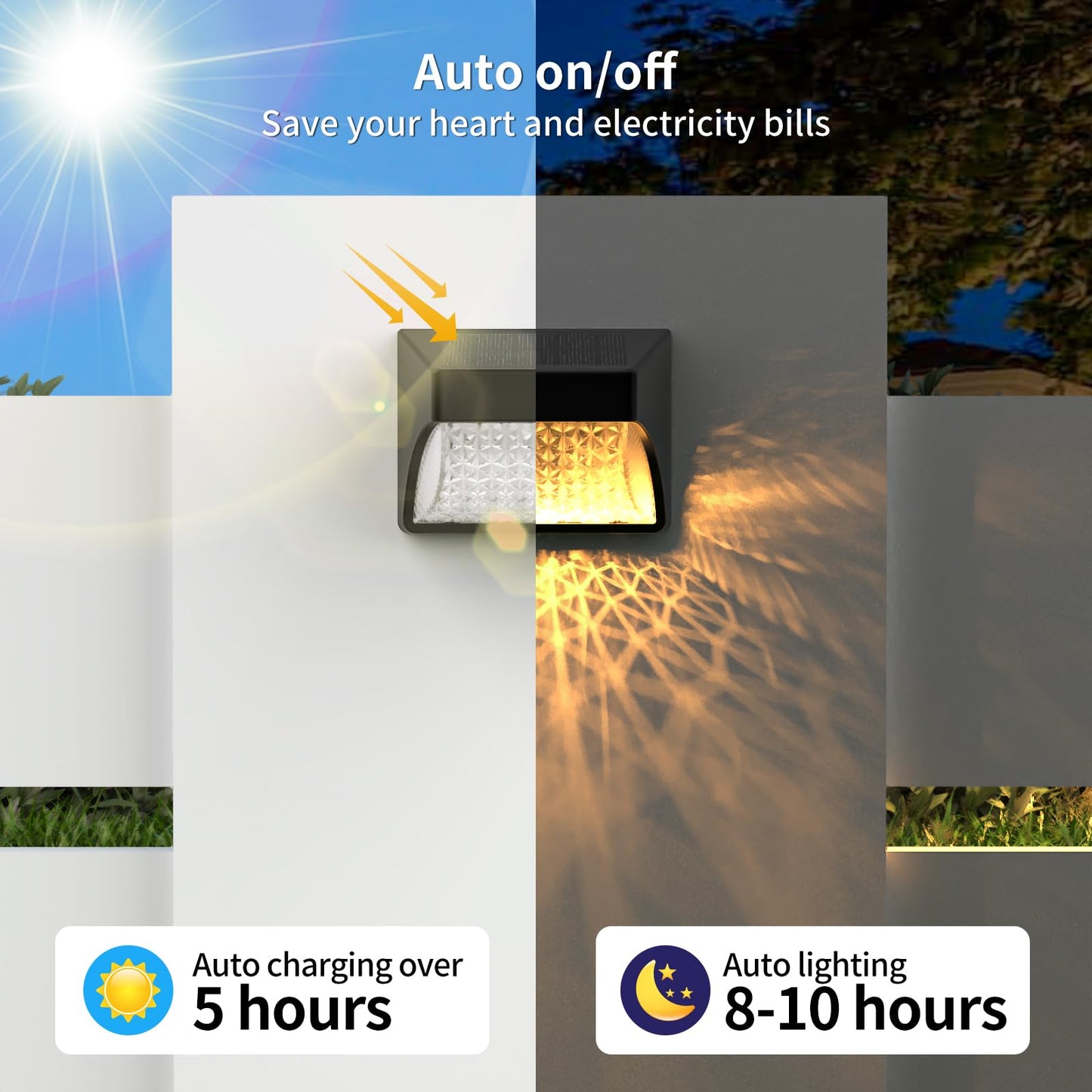 NACINIC Solar Fence Deck Lights, 8 Pack, Waterproof, Dusk to Dawn, Warm White/Cool White, Medium, Black